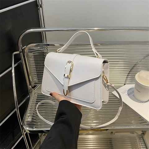Sac À Bandoulière Femme En Cuir PU Petit Sac Carré À Rabat Avec Boucle En Métal Doré Et Poignée Supérieure Chic