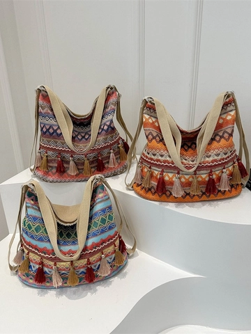 Bohemische Gewebte Umhängetasche Damen Bunte Geometrische Muster Quaste Große Ethno-Stil Schultertasche Tote