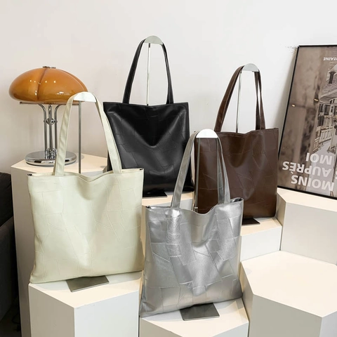Large Capacity Women PU Leather Tote Bag Geometric Patchwork Shoulder Handbag Minimalist Commuter Underarm Bag Daily Use