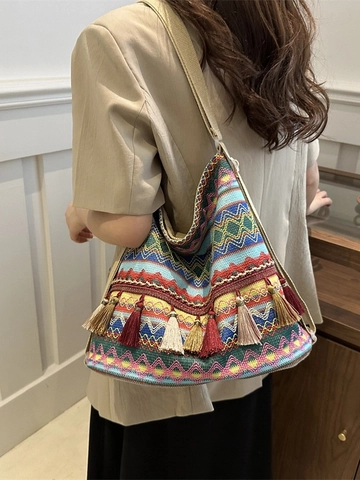 Bohemische Gewebte Umhängetasche Damen Bunte Geometrische Muster Quaste Große Ethno-Stil Schultertasche Tote