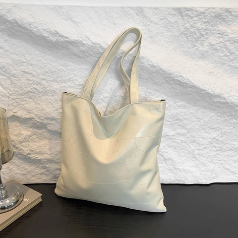 Large Capacity Women PU Leather Tote Bag Geometric Patchwork Shoulder Handbag Minimalist Commuter Underarm Bag Daily Use