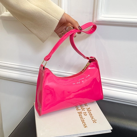 Women Baguette Underarm Shoulder Bag Patent Leather Shiny Minimalist Solid Color Small Purse Handbag For Daily Fashion
