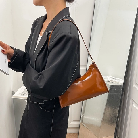 Women Baguette Underarm Shoulder Bag Patent Leather Shiny Minimalist Solid Color Small Purse Handbag For Daily Fashion