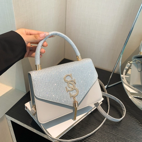 Women Fashion Glitter Rhinestone Shoulder Bag With Gold Letter Logo Tassel Luxury Leather Crossbody Handbag For Wedding Party