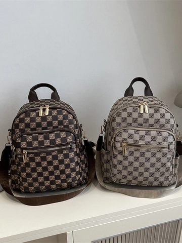 Zaino Moda Donna Pelle PU Stampa Monogramma A Scacchi Borsa Da Viaggio Casual Tasche Multiple Cerniera Dorata