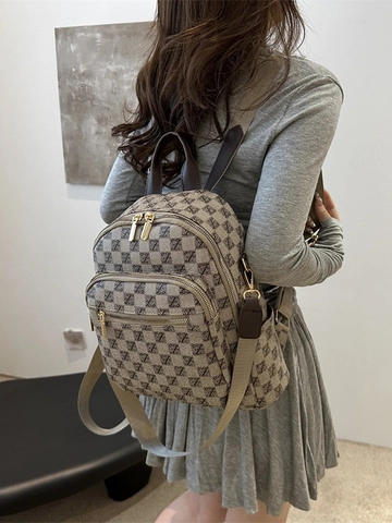 Zaino Moda Donna Pelle PU Stampa Monogramma A Scacchi Borsa Da Viaggio Casual Tasche Multiple Cerniera Dorata