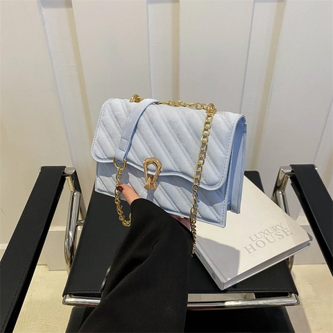 Quilted Shoulder Crossbody Bag PU Leather With Gold Chain Strap Elegant Small Square Bag Horseshoe Buckle For Women