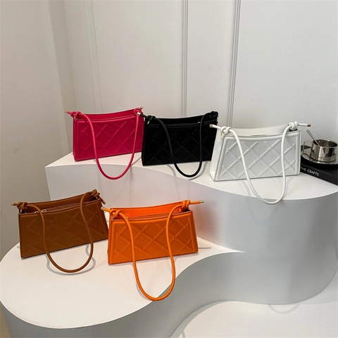 Women Quilted PU Leather Underarm Shoulder Bag Casual Fashion Rhombus Textured Knotted Strap Handbag Zipper Closure