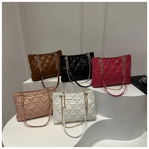 Gesteppte Tragetasche PU Leder Rautenmuster Mode Goldene Kettenriemen Schicke Schulterhandtasche Für Damen Alltag