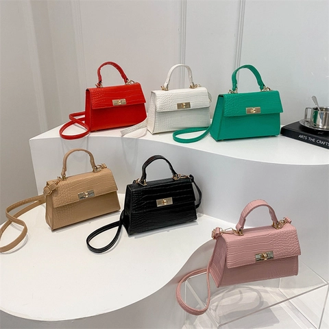 Small Square Handbag Crocodile Pattern PU Leather Crossbody Bag With Gold Metal Lock For Women Vintage Trendy Top Handle