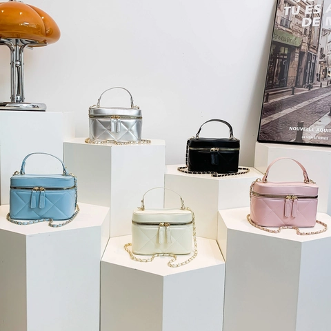 Women Quilted Rhombic PU Leather Crossbody Bag Mini Vanity Case Style Shoulder Handbag With Chain Strap Double Zipper