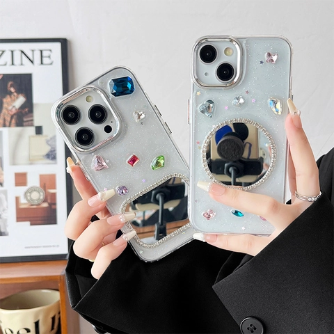 Custodia Di Lusso In TPU Glitterata Per Telefono Con Specchio Per Trucco Integrato Pietre Preziose Colorate Strass Protettiva