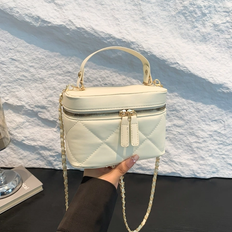 Borsa Vanity Case Trapuntata Vintage da Donna in Pelle PU con Tracolla a Catena Mini Borsa a Mano