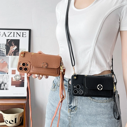 Crossbody Phone Case Wallet Card Holder Litchi Grain Leather With Long Strap Wristlet Clover Metal Buckle For iPhone
