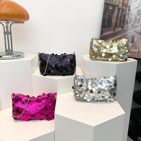 Sparkly Sequin Shoulder Bag With Metal Chain Strap Evening Party Crossbody Handbag For Women Banquet Wedding