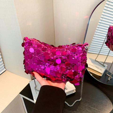 Sparkly Sequin Shoulder Bag With Metal Chain Strap Evening Party Crossbody Handbag For Women Banquet Wedding