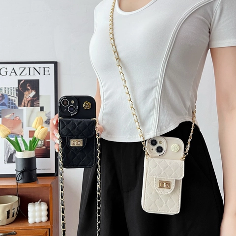 Crossbody Phone Case Wallet Quilted Leather Metal Chain Strap Camellia Flower Flip Card Pocket For Women Fashion Elegant Accessory