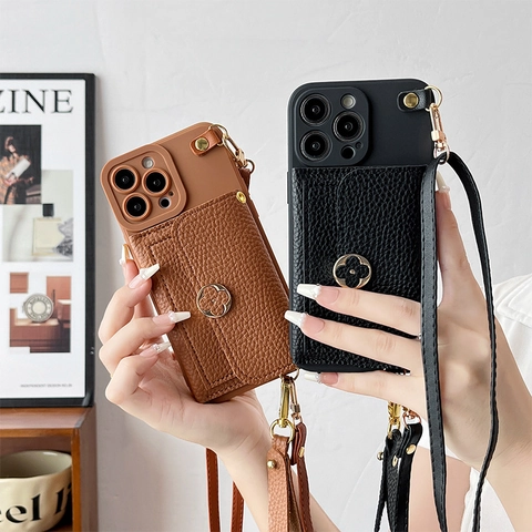 Crossbody Phone Case Wallet Card Holder Litchi Grain Leather With Long Strap Wristlet Clover Metal Buckle For iPhone