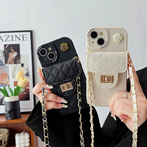 Crossbody Phone Case Wallet Quilted Leather Metal Chain Strap Camellia Flower Flip Card Pocket For Women Fashion Elegant Accessory