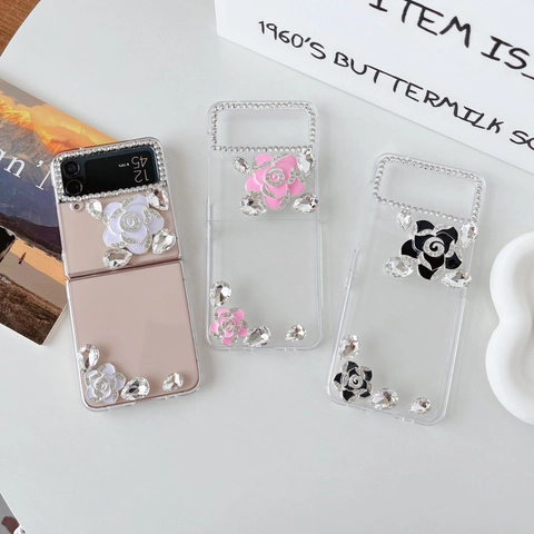 Luxury Rhinestone Camellia Flower Foldable Phone Case Transparent PC Protective Cover For Women Sparkling Floral Design
