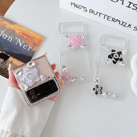 Luxury Rhinestone Camellia Flower Foldable Phone Case Transparent PC Protective Cover For Women Sparkling Floral Design