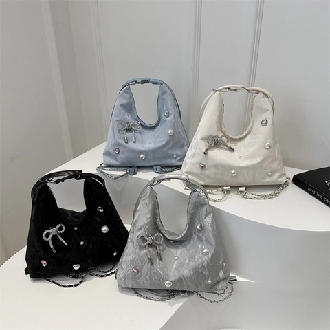 Bolso De Hombro Para Mujer Cuero PU Fruncido Lazo Mariposa Strass Perlas Artificiales Colgante Corazón Cadena Moda Bolso De Axila