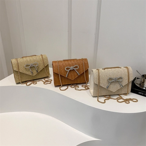 Straw Woven Shoulder Bag Rhinestone Bowknot Flap Crossbody Bag Summer Beach Style Elegant Small Square Purse For Women