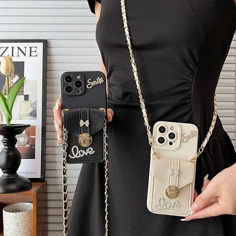 Funda De Teléfono Cruzada Para IPhone Con Cartera Tarjetero Correa De Cadena Cuero Lazo Strass Love Smile Lujo