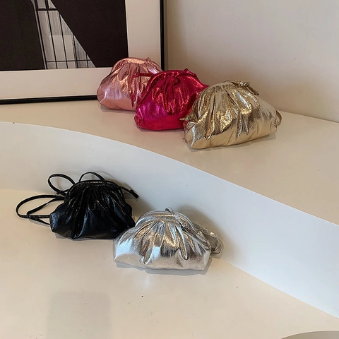 Metallic PU Leather Pleated Cloud Pouch Bag For Women Fashion Gathered Bucket Shoulder Bag Clutch Crossbody Handbag Gift