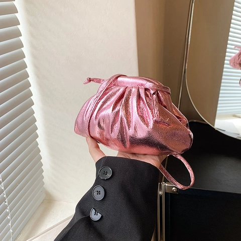 Pleated Cloud Bag Metallic PU Leather Shiny Dumpling Crossbody Handbag Fashionable Minimalist Evening Clutch For Women