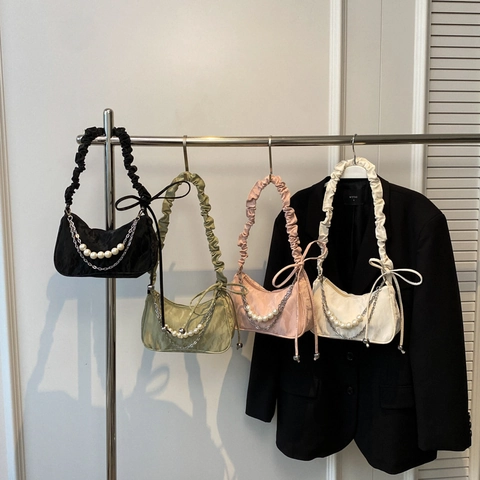 Bolso De Axila Para Mujer Cuero PU Correa Fruncida Cadena De Perlas Artificiales Lazo Moda Casual Bolso Hobo
