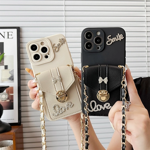 Funda De Teléfono Cruzada Para IPhone Con Cartera Tarjetero Correa De Cadena Cuero Lazo Strass Love Smile Lujo