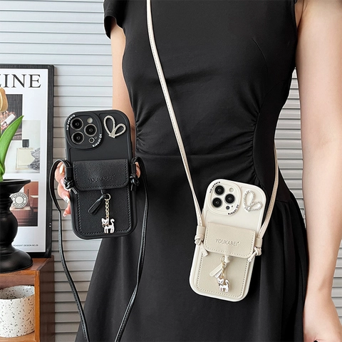 Crossbody Wallet Phone Case PU Leather Card Slot Shoulder Strap Rhinestone Heart Metal Cat Pendant For Smartphones