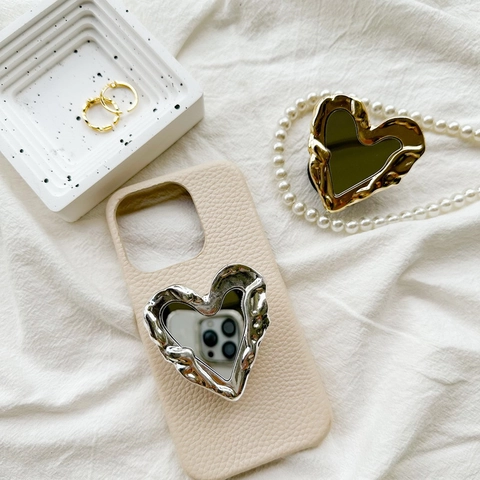 Heart Phone Grip Holder Mirror Alloy Electroplated Molten Texture Expandable Desktop Stand For Women