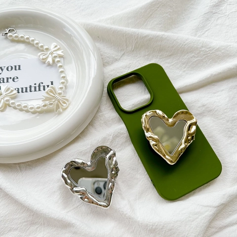 Heart Phone Grip Holder Mirror Alloy Electroplated Molten Texture Expandable Desktop Stand For Women