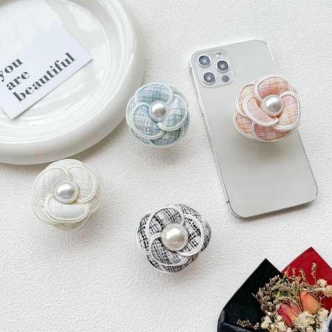 Camellia Flower Phone Grip Expanding Stand Tweed Fabric Faux Artificial Pearl Decor Elegant Mobile Accessory