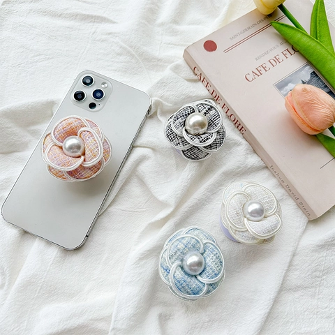 Camellia Flower Phone Grip Expanding Stand Tweed Fabric Faux Artificial Pearl Decor Elegant Mobile Accessory
