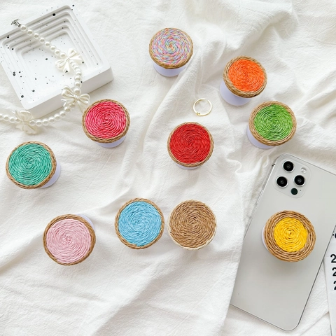 Supporto Per Telefono Espandibile Rotondo Intrecciato A Mano Trama In Paglia Colore A Contrasto Supporto Mobile Portatile Stile Boho
