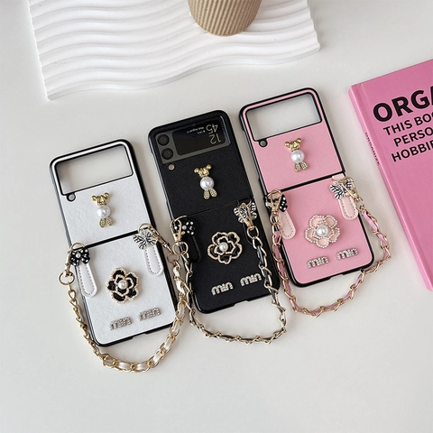 Funda Plegable Para Teléfono Con Cadena Cruzada Textura De Cuero Flor De Camelia Oso De Perlas Artificiales Diamantes De Imitación Estilo De Lujo