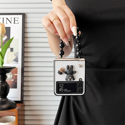 Foldable Phone Case For Samsung Galaxy Z Flip With 3D Bear Coffee Charm Large Bead Hand Chain Strap Textured PC Shell
