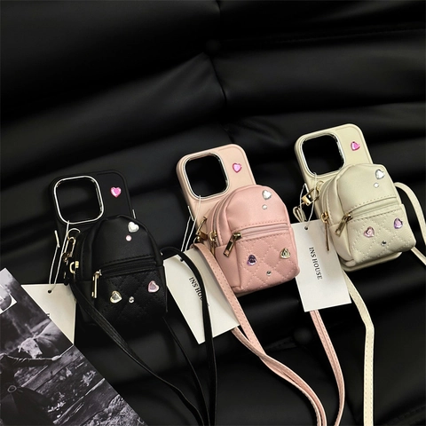 Crossbody Phone Case With Mini Backpack Pouch Silicone Leather Quilted Heart Rhinestone Strap Luxury For Women Girls