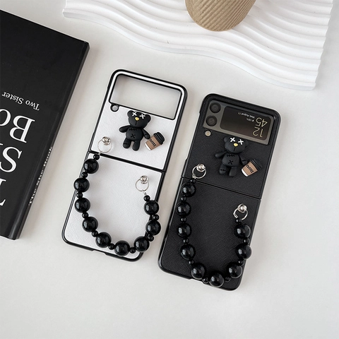 Foldable Phone Case For Samsung Galaxy Z Flip With 3D Bear Coffee Charm Large Bead Hand Chain Strap Textured PC Shell