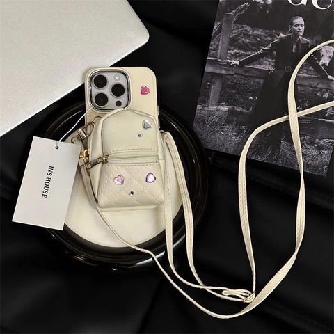 Crossbody Phone Case With Mini Backpack Pouch Silicone Leather Quilted Heart Rhinestone Strap Luxury For Women Girls