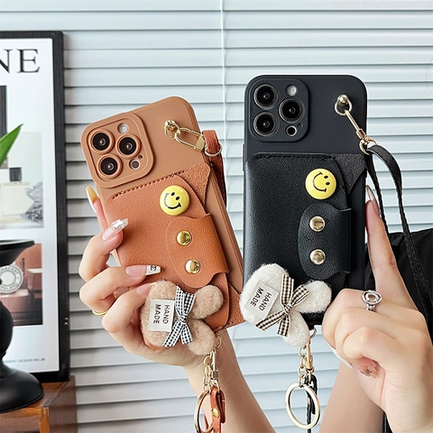 Coque Téléphone Bandoulière Avec Portefeuille Sangle Réglable Silicone Cuir Porte-Cartes Lapin En Peluche Protection