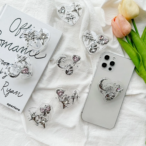 Supporto Griptok Per Telefono A Forma Di Cuore Resina Trasparente Foglia Argento Stella Luna Fiocco Y2K Per Donne