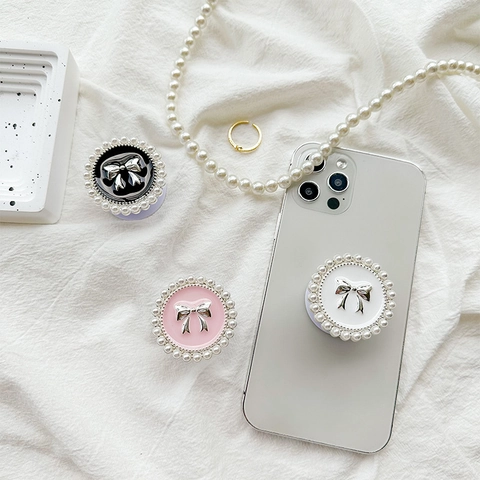 Round Mobile Phone Grip Stand Alloy Bowknot Faux Artificial Pearl Edge Retractable Adhesive Bracket Desktop Support Elegant Fashion Style