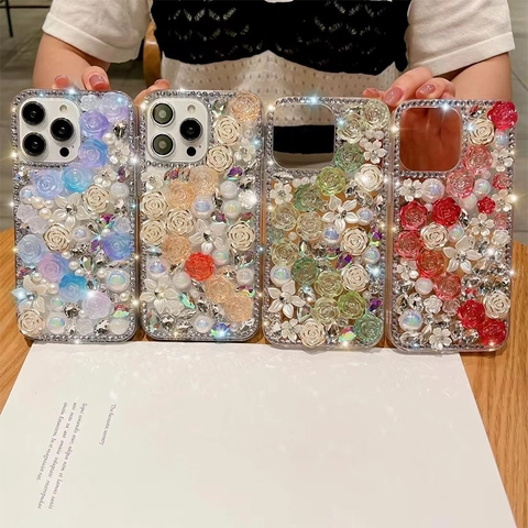 Custodia Per Telefono Di Lusso In Resina 3D Rose Floreali Strass Fatti A Mano Künstliche Perle Artificiali Trasparente Per Donne