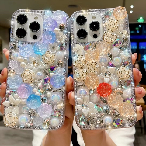 Custodia Per Telefono Di Lusso In Resina 3D Rose Floreali Strass Fatti A Mano Künstliche Perle Artificiali Trasparente Per Donne