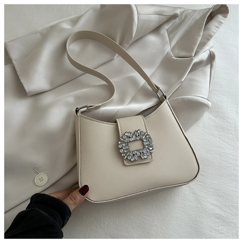 Women PU Leather Shoulder Bag With Square Rhinestone Buckle Hobo Bag Elegant Underarm Bag Fashion Handbag Daily Party Accessory