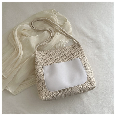 Bolso de Hombro de Paja Tejida para Mujer Hecho a Mano Verano Playa Vacaciones Tote Bag Con Bolsillo de Cuero PU Hebilla Magnética